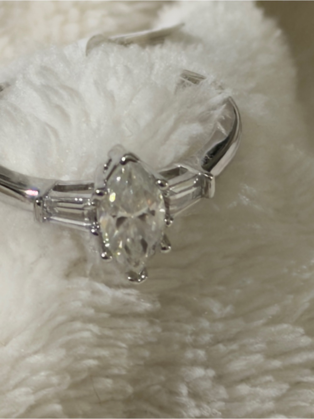 Moissanite Marquise-Cut Silver Engagement Ring with Tapered Baguette Accents